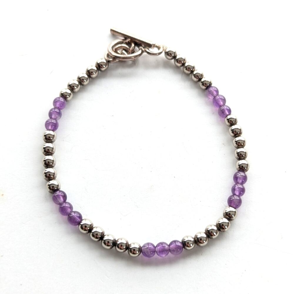 Artisan 925 Sterling Silver Amethyst Beaded Toggle Clasp Bracelet 7.5"